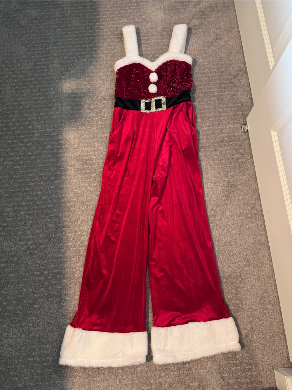 Red Santa-Inspired Holiday Jumpsuit with White Trim